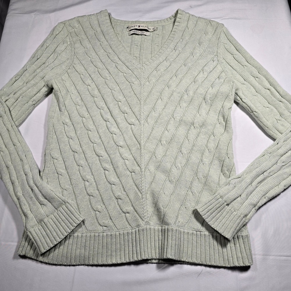 Tommy Hilfiger Womens medium  Mint Green Cable‎ Knit Cotton V-Neck Sweater